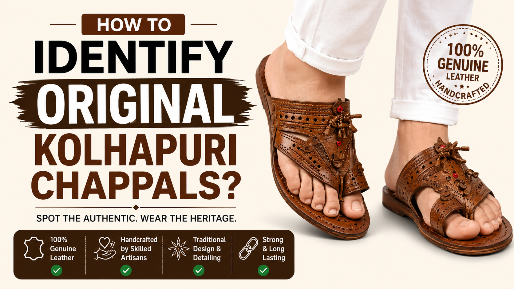 Authentic handmade leather Kolhapuri chappals showing how to identify original Kolhapuri chappals with genuine leather craftsmanship.